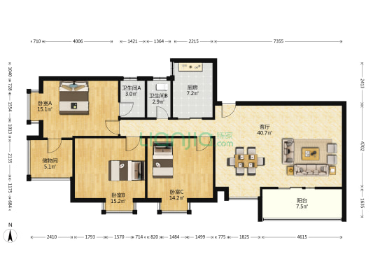 麦科特商贸广场 3室1厅2卫 138平方