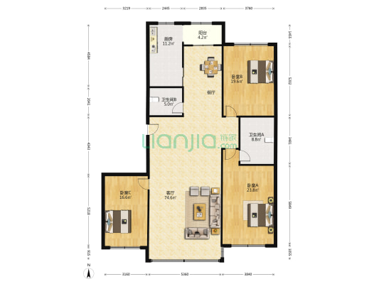 龙华小区 3室1厅2卫 210平方