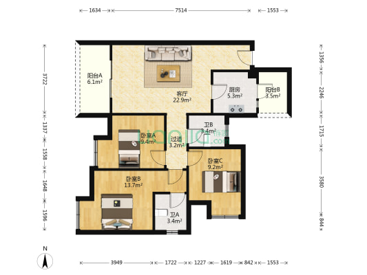 园丁苑 3室1厅2卫 101平方