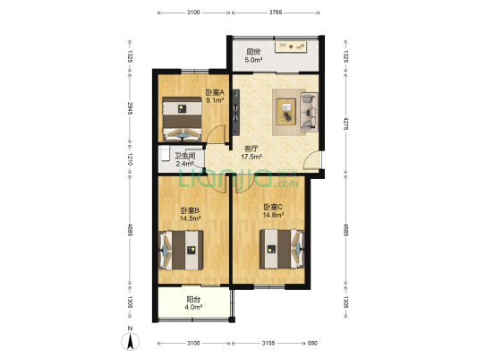 陕西省康复医院生活区 3室1厅1卫 77平方