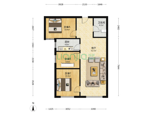 南向三居 视野好 70年住宅产权 视野开阔 楼间距大-户型图