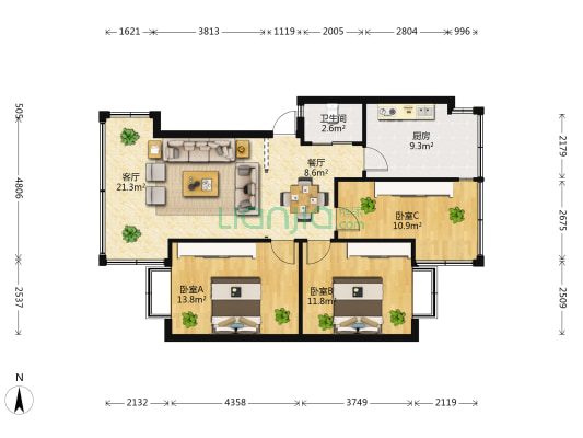 国防路154号院 3室2厅1卫 76平方