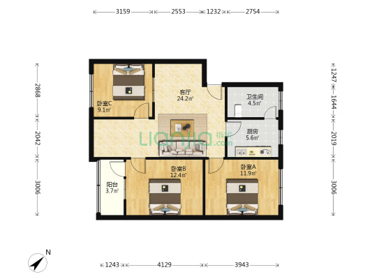 民航公寓 3室1厅1卫 73平方