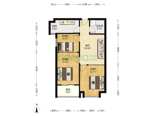 银泉广场 3室1厅1卫 84平方