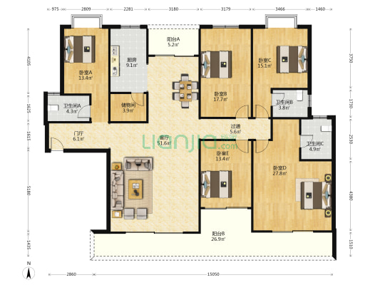 陶然居 5室1厅3卫 230平方