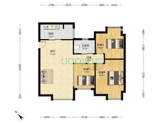 蓝色空间蓝梦 3室1厅1卫 88平方
