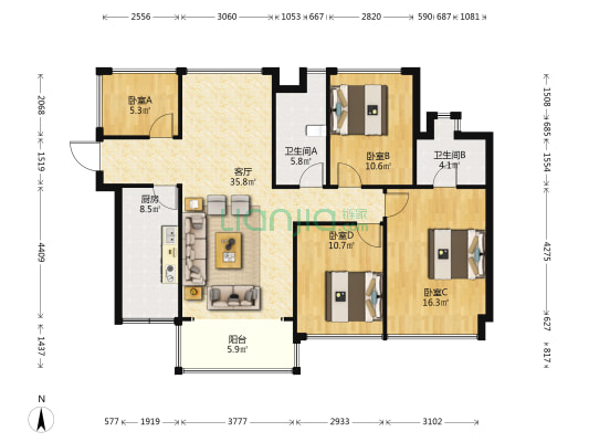 仁和美地家园 4室1厅2卫 121平方