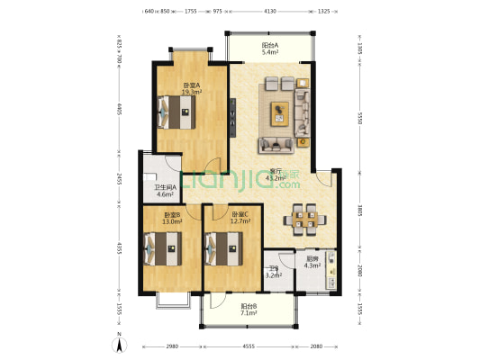 大龙家园 3室1厅2卫 134平方