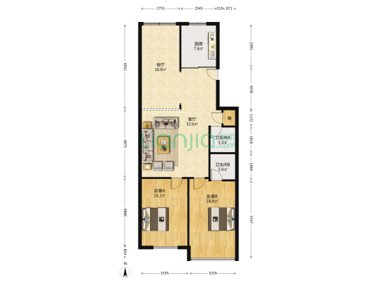 站港后幢 2室2厅2卫 120平方