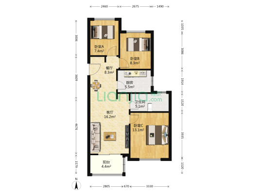 绿地海域苏河源(一期) 3室2厅1卫 90平方
