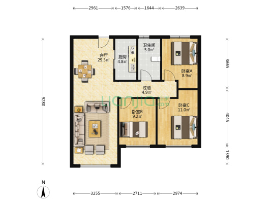 保利天悦二期 3室1厅1卫 105平方