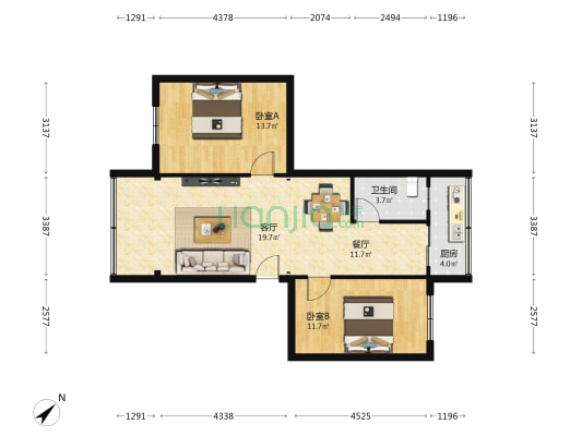 海滨花园 2室2厅1卫 75平方