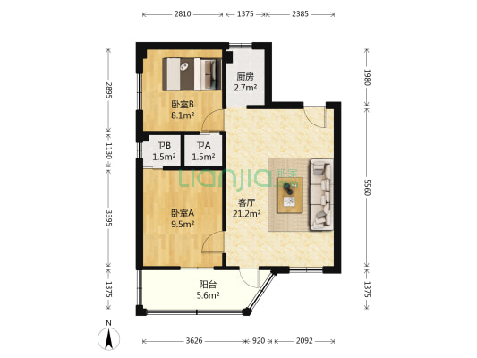 怡丰新村 2室1厅2卫 68平方