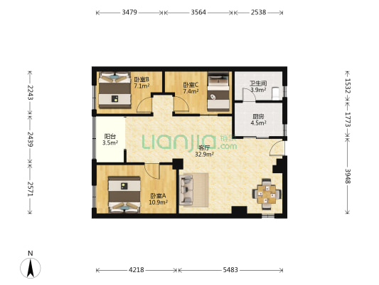 镇泰楼 3室1厅1卫 86平方