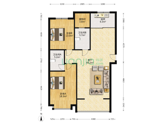 金方城 2室1厅2卫 120平方