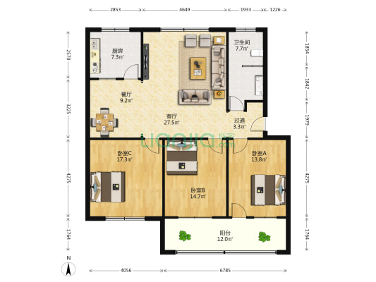 东关村第三村民组 3室2厅1卫 128平方