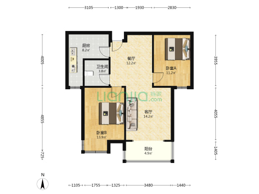 品质社区，房本满二，全南两居，随时可看房-户型图