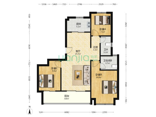 文创港宝龙城 3室1厅2卫 115平方