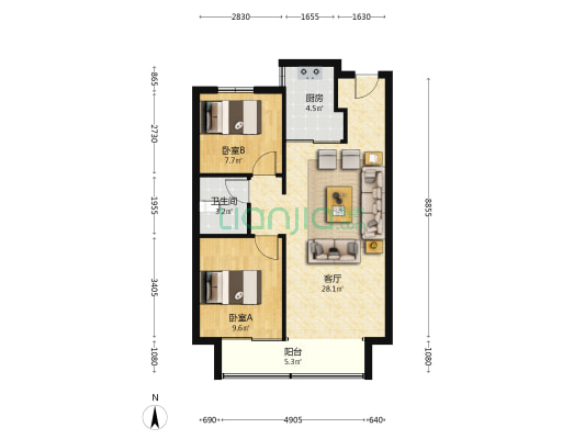 20万精装有房本通透的两居 定制家具-户型图