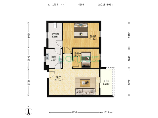 沿河商住区 2室1厅1卫 77平方