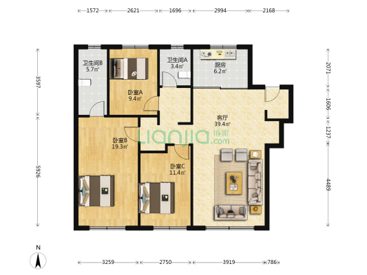 融创大河宸院 3室1厅2卫 122平方