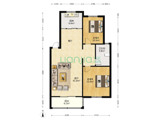 丽湖小区 2室1厅1卫 100平方