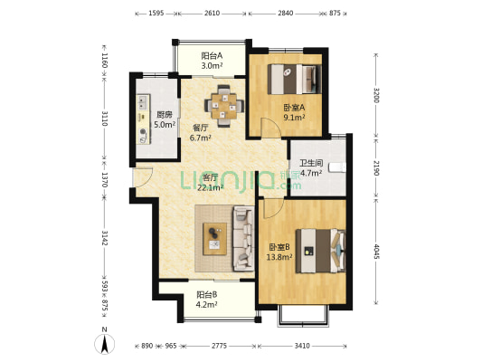鹏丰苑 2室2厅1卫 87平方