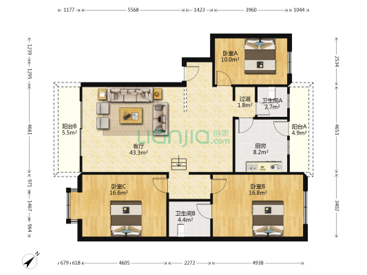 丽景公寓 3室1厅2卫 130平方