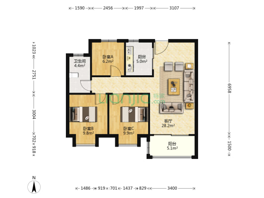 中建开元御湖公馆 3室1厅1卫 96平方