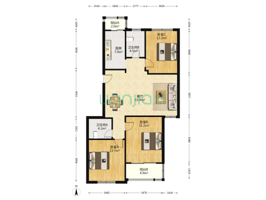 北景园芳洲苑 3室1厅2卫 120平方