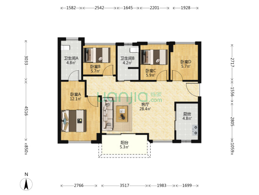 中建联投学府悦城 4室1厅2卫 94平方