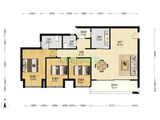 保利云璟珑玉府 3室1厅2卫 99平方