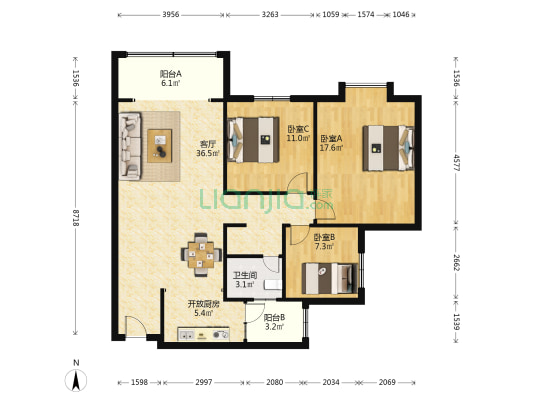 阳光水岸 3室1厅1卫 114平方