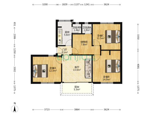 水湾B区 3室1厅2卫 90平方