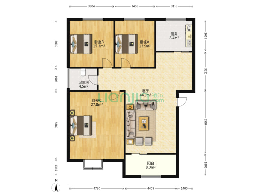 松岭路3号 3室1厅1卫 121平方