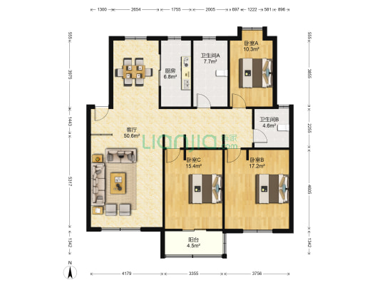 悦华苑 3室1厅2卫 135平方
