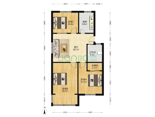 药物所宿舍 3室1厅1卫 94平方