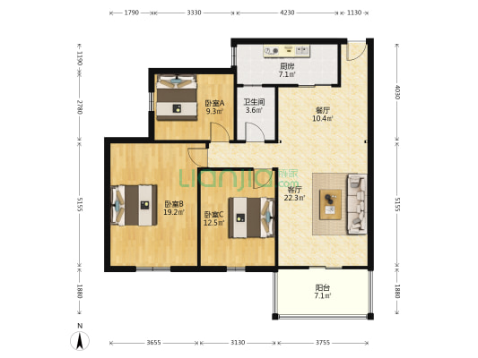 择邻名苑 3室2厅1卫 103平方