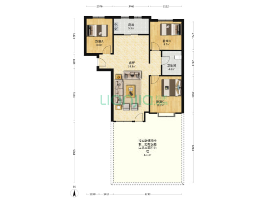 理想湾 大F通透三居 带80平小院 简单装修-户型图
