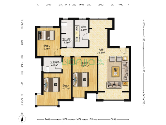 季景馨园 3室1厅2卫 122平方