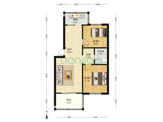 农林路75号院东院 2室1厅1卫 76平方