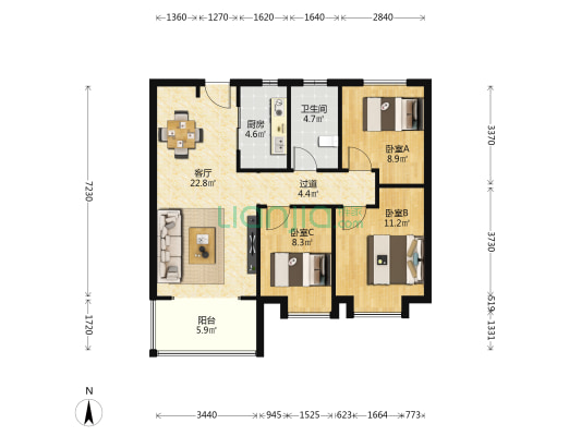 世茂璀璨倾城西区 3室1厅1卫 96平方