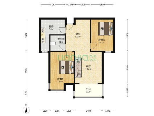 金品时代 2室2厅 南-户型图