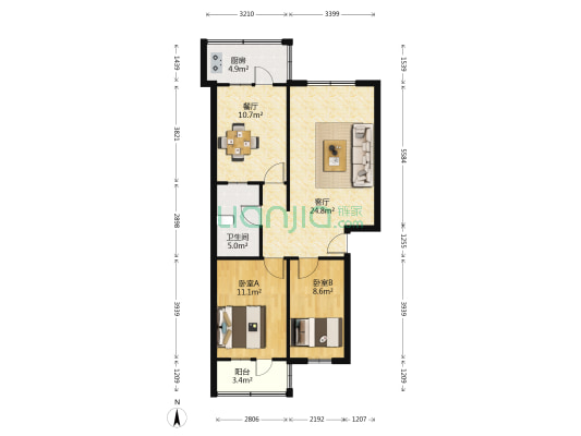 润泽小区 2室2厅1卫 84平方