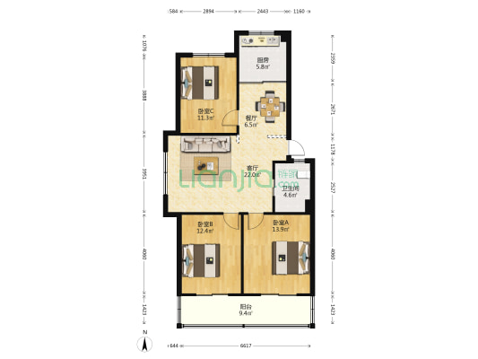 镜水花园 3室2厅1卫 102平方
