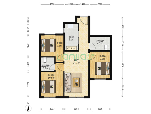 禧瑞学府 3室1厅2卫 95平方