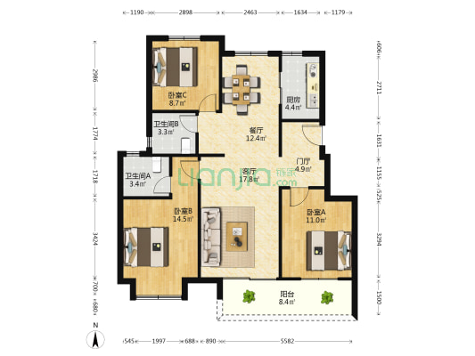 秀泽园 3室2厅2卫 107平方