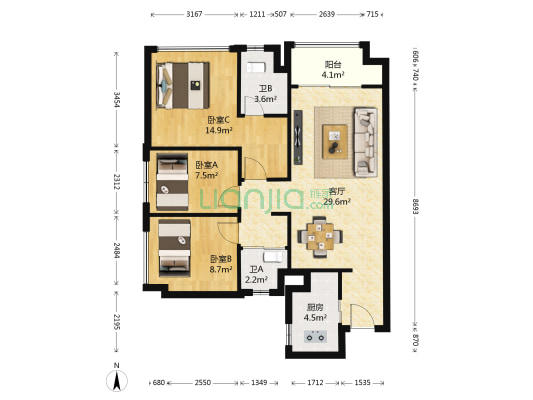 万科金域中央C区 3室1厅2卫 89平方