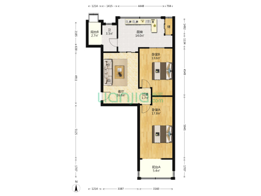 第十二中学宿舍 2室1厅1卫 78平方