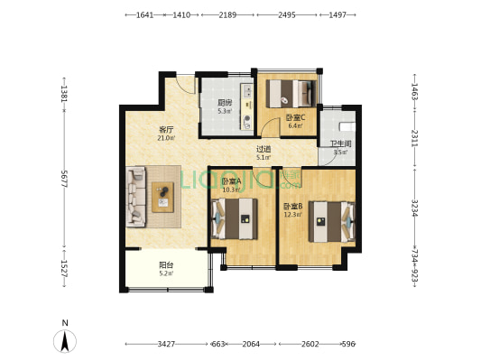 爱涛天禧明庭 3室1厅1卫 89平方
